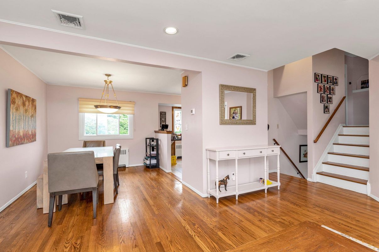 Dining room, Interior, Pendant Lights, Recessed Lighting, Wood Texture Flooring
