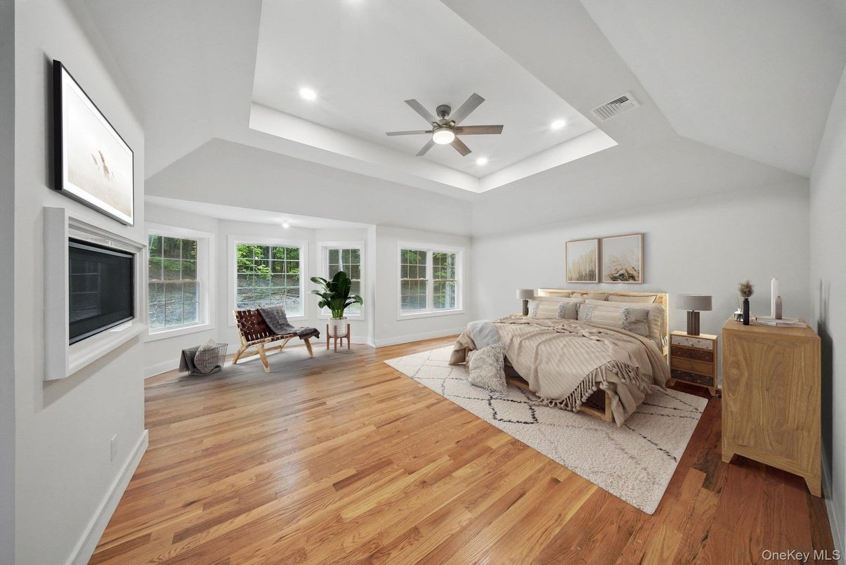 Bedroom, Fireplace, Interior, Recessed Lighting, Wood Texture Flooring