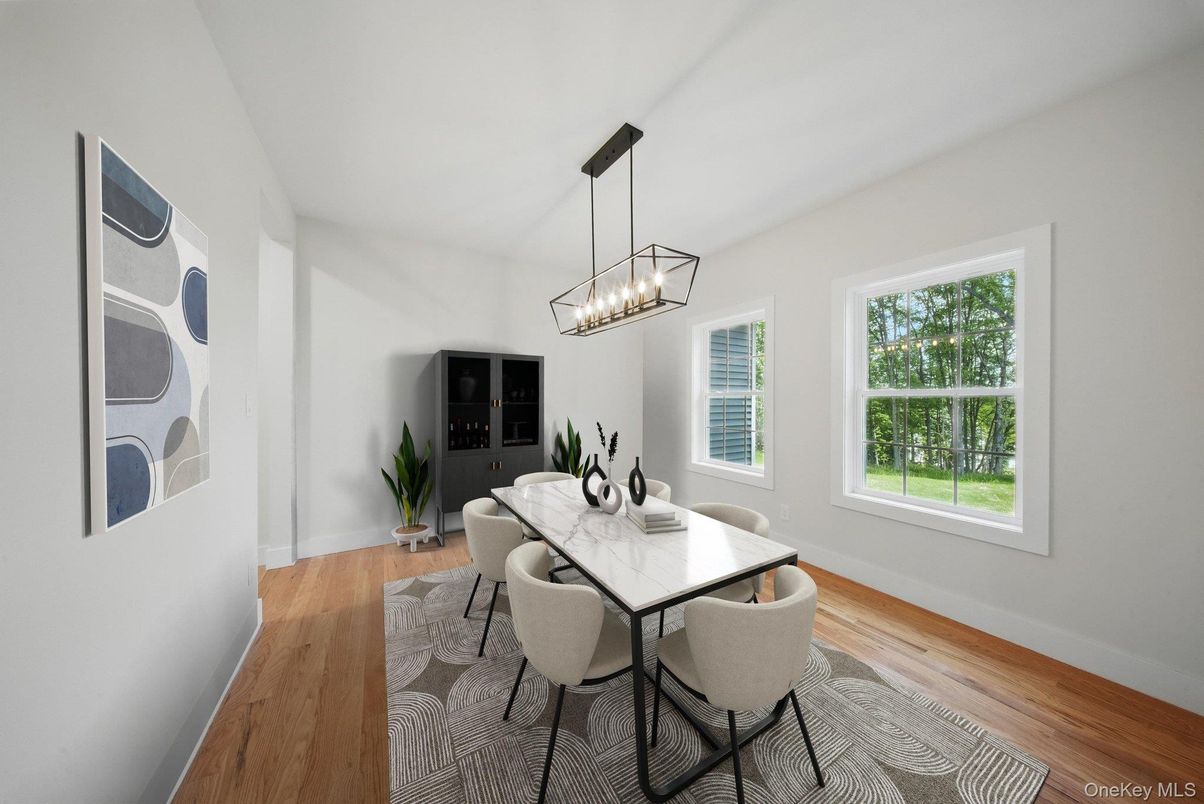 Dining room, Interior, Pendant Lights, Wood Texture Flooring