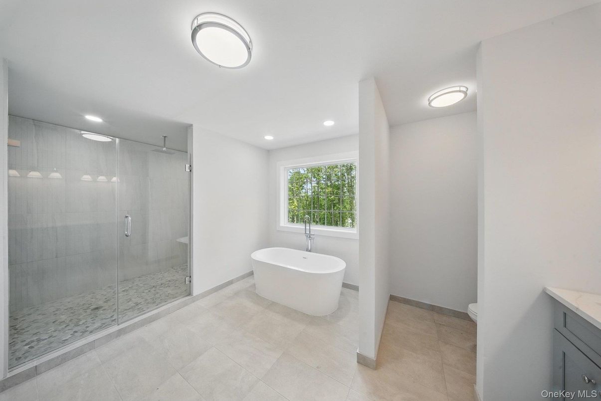 Bathroom, Free Standing Baths, Glass Shower, Interior, Recessed Lighting