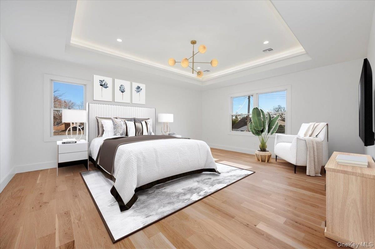 Bedroom, Interior, Pendant Lights, Recessed Lighting, Wood Texture Flooring