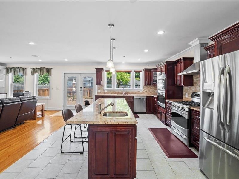 Interior, Kitchen, Living room, Pendant Lights, Recessed Lighting, Stainless Steel Appliances, Wood Texture Flooring