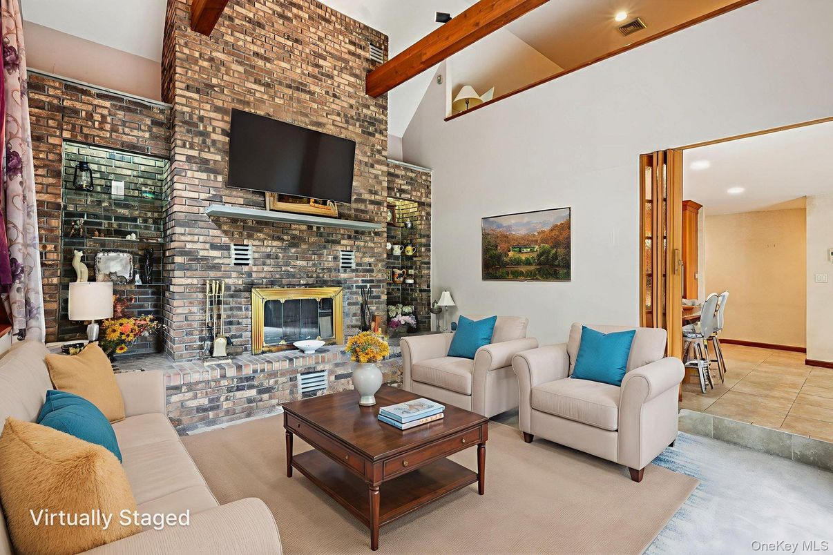 Fireplace, Interior, Living room, Recessed Lighting, Stone Walls, Wooden Beams