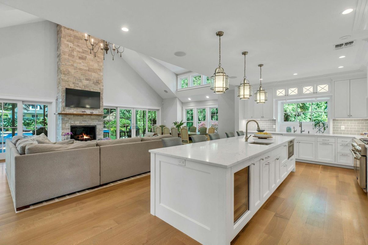 Fireplace, Interior, Kitchen, Living room, Pendant Lights, Recessed Lighting, Stone Walls, Wood Texture Flooring