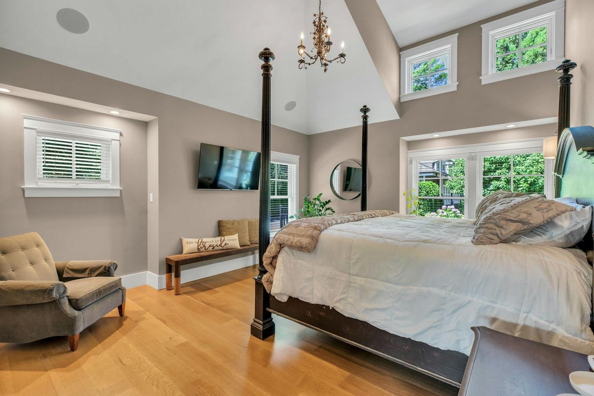 Bedroom, Chandelier, Interior, Recessed Lighting, Wood Texture Flooring