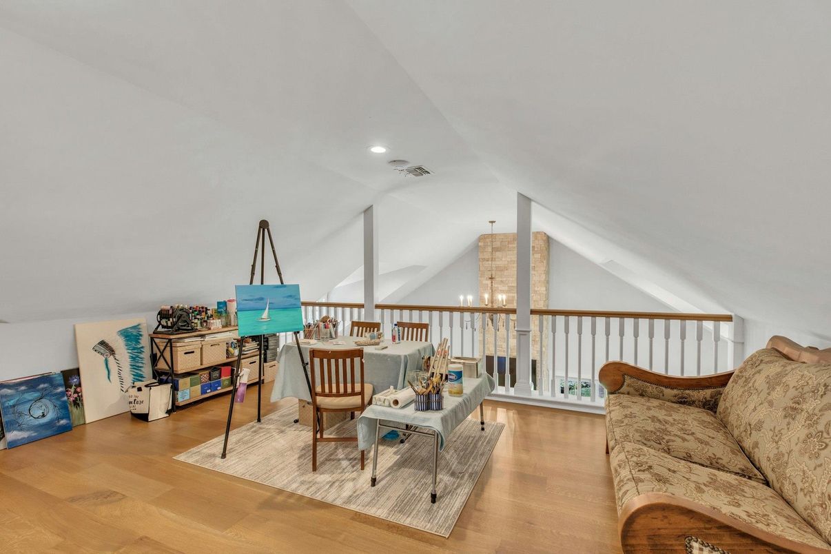Chandelier, Home Office, Interior, Recessed Lighting, Wood Texture Flooring