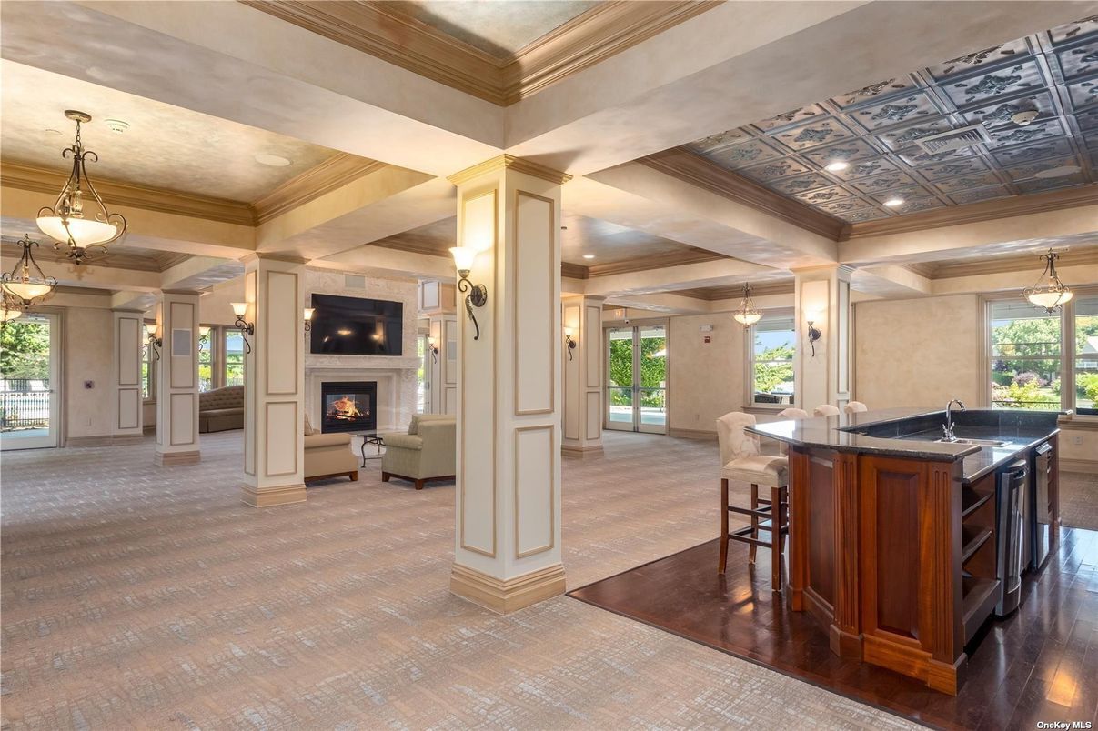 Fireplace, Interior, Pendant Lights, Recessed Lighting, Wood Texture Flooring