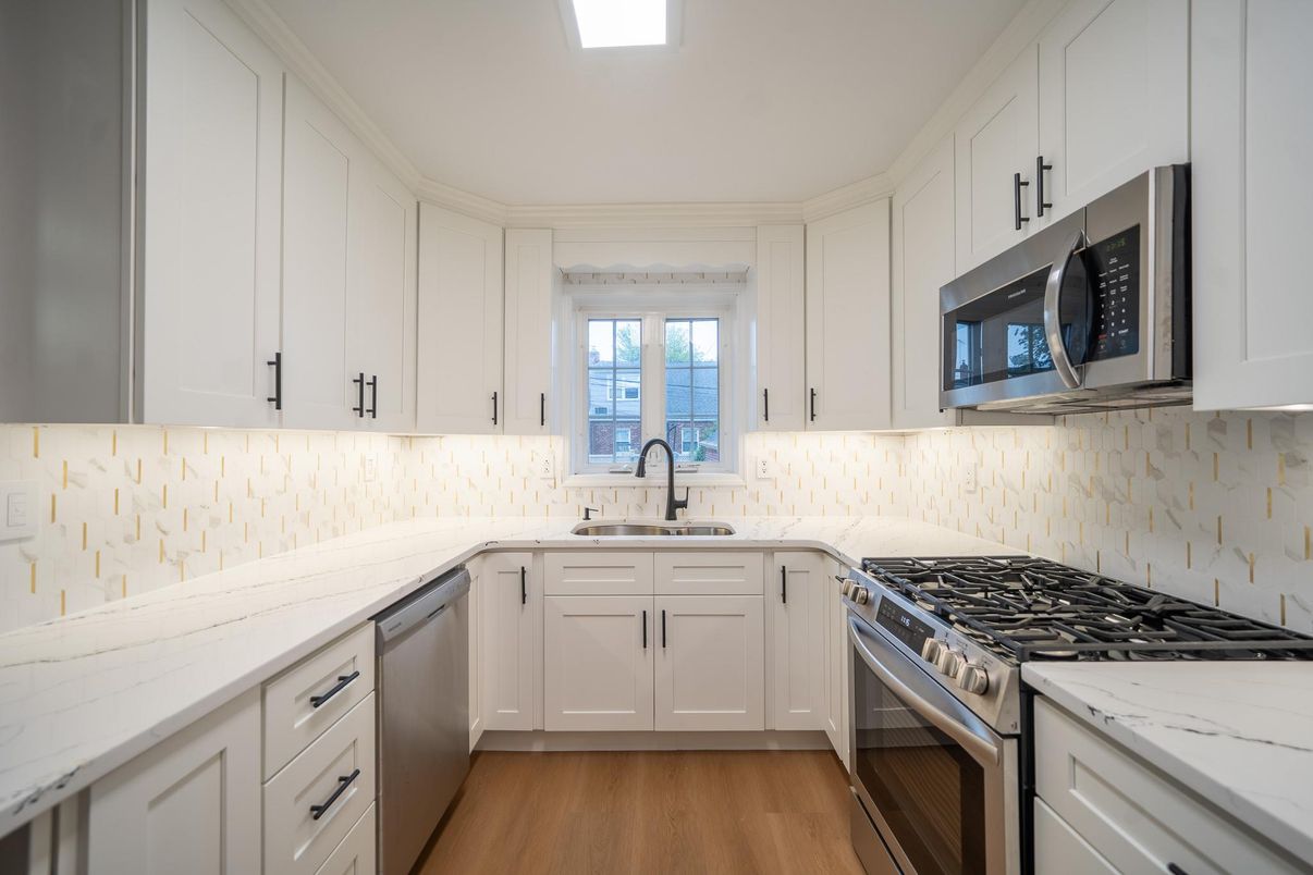 Interior, Kitchen, Recessed Lighting, Stainless Steel Appliances, Wood Texture Flooring