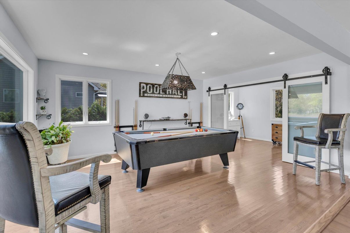 Billiard Table, Game Room, Interior, Pendant Lights, Recessed Lighting, Wood Texture Flooring