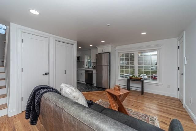 Interior, Kitchen, Living room, Recessed Lighting, Stainless Steel Appliances, Wood Texture Flooring