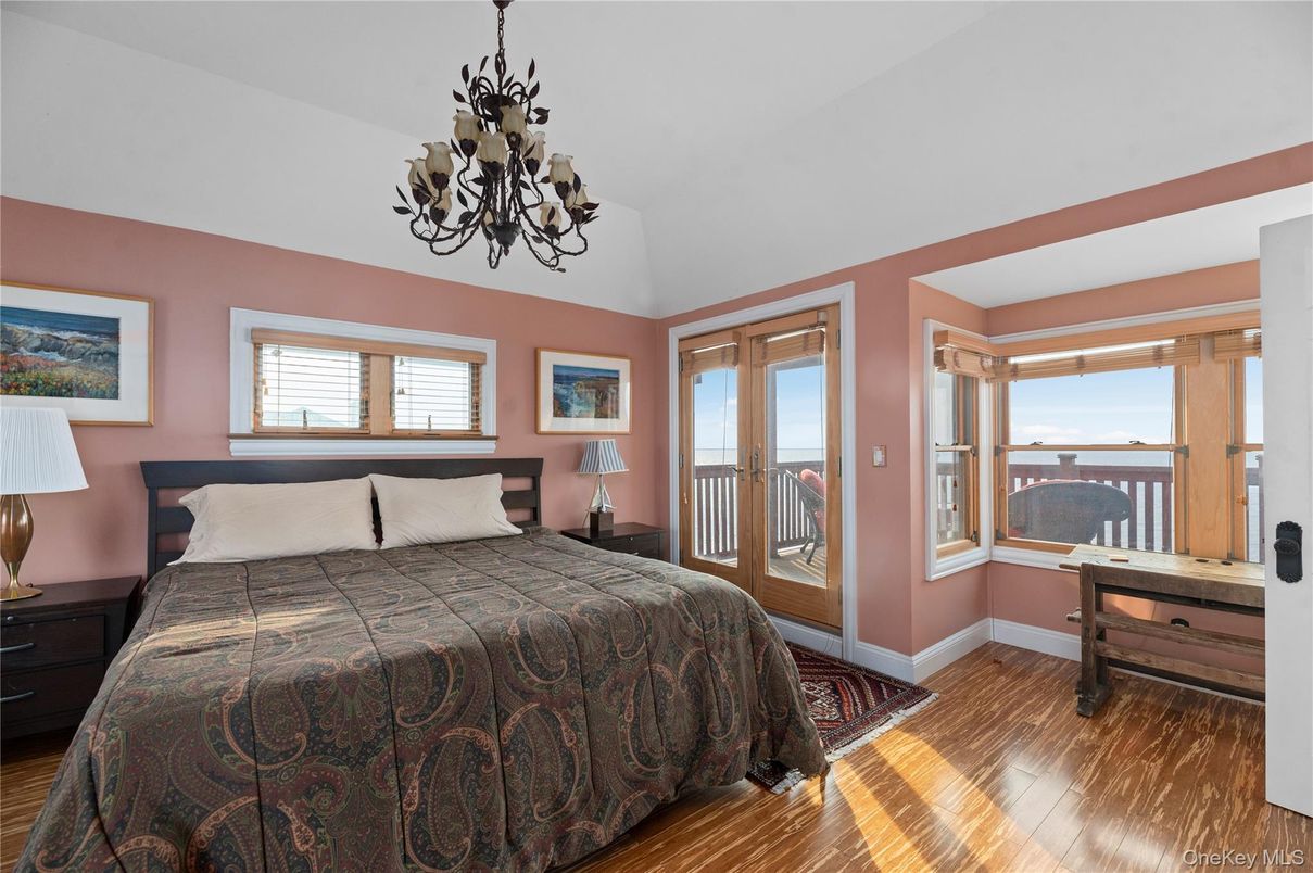 Bedroom, Chandelier, Interior, Water, Wood Texture Flooring