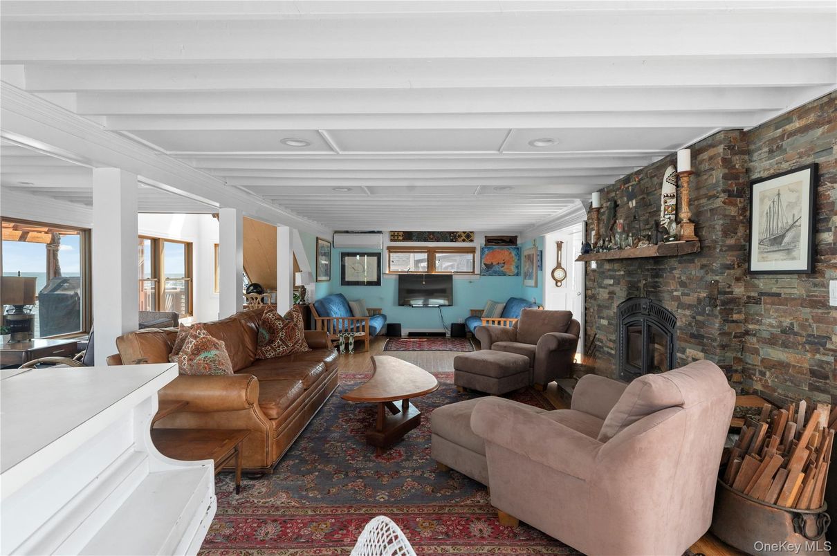 Fireplace, Interior, Living room, Recessed Lighting, Stone Walls