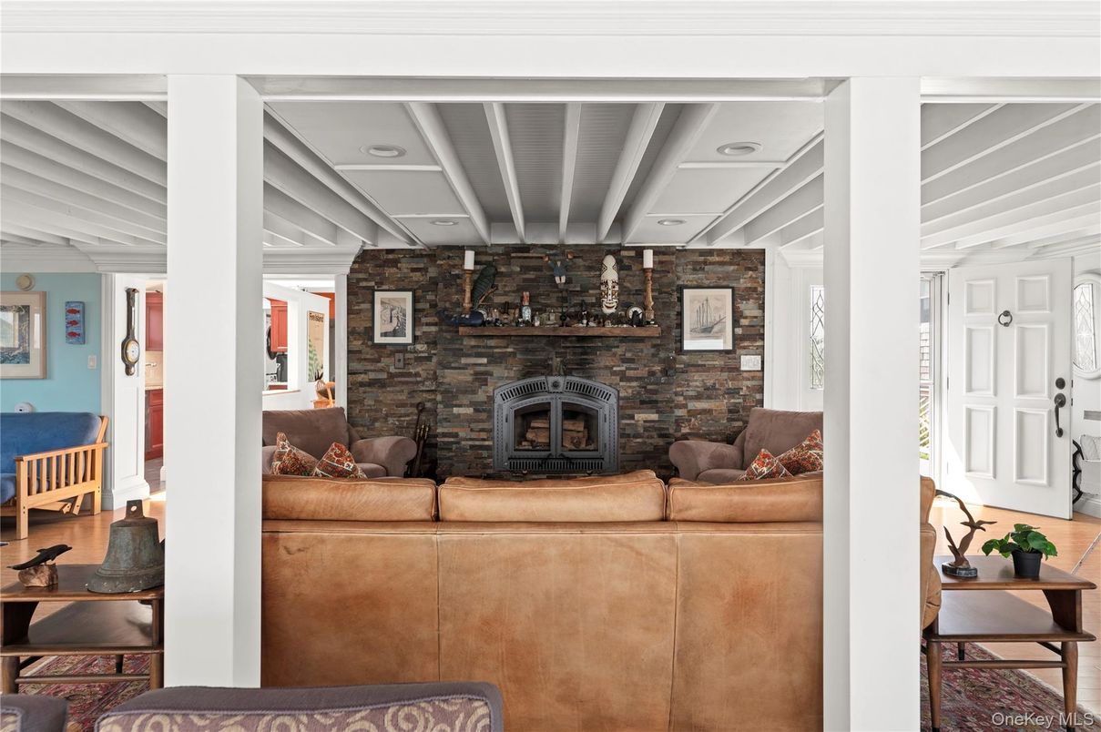 Fireplace, Interior, Living room, Recessed Lighting, Stone Walls