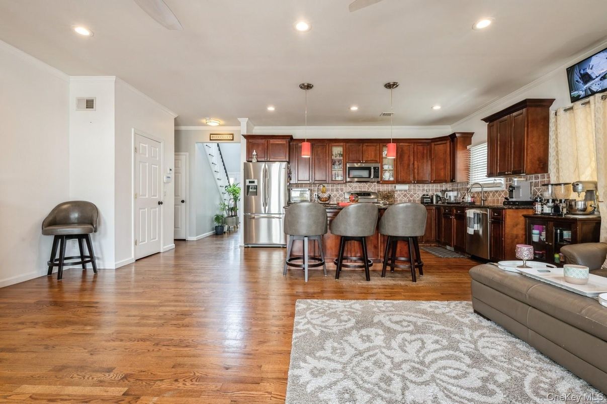 Interior, Kitchen, Pendant Lights, Recessed Lighting, Stainless Steel Appliances, Wood Texture Flooring