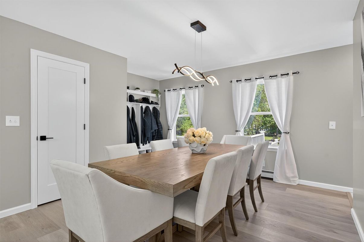Dining room, Interior, Pendant Lights, Wood Texture Flooring