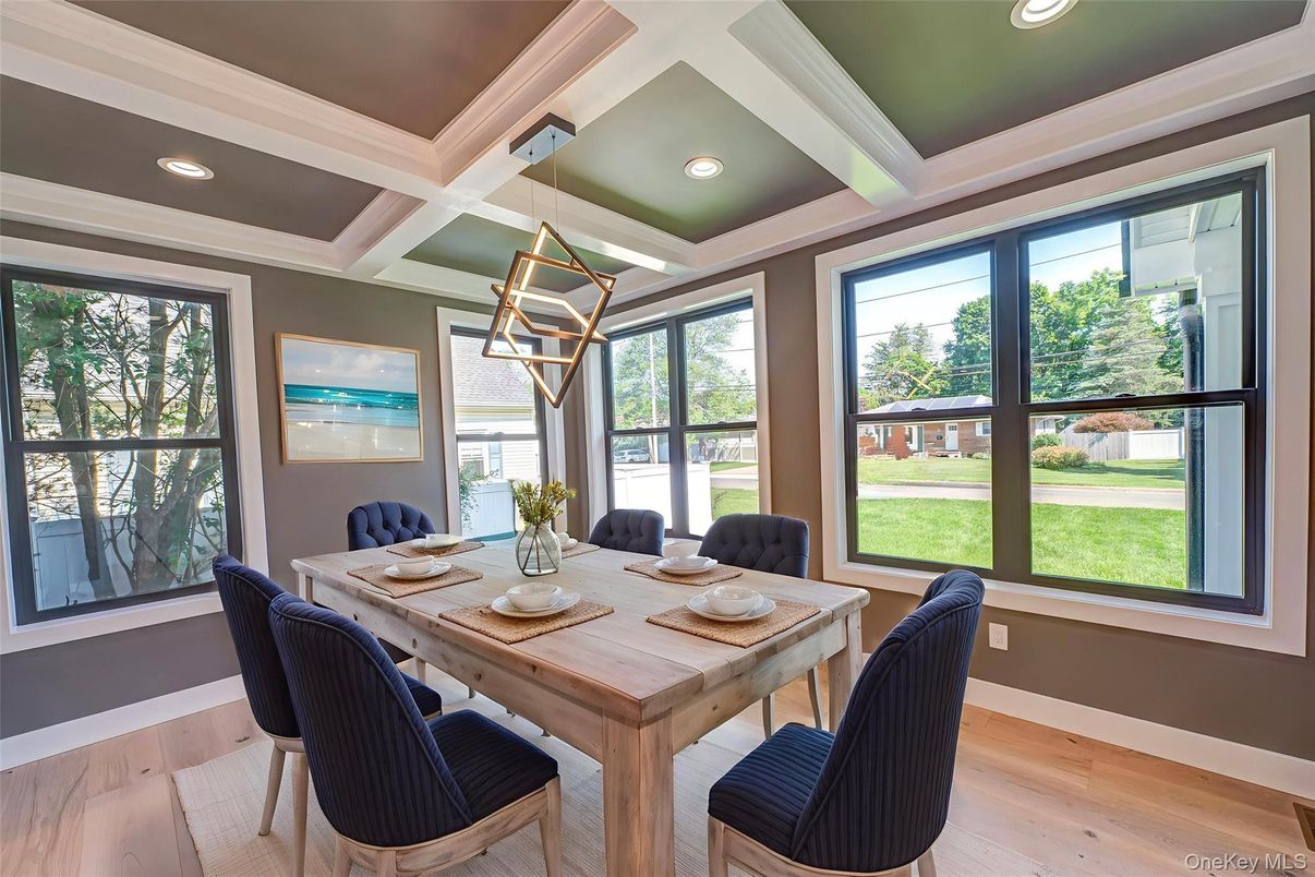 Dining room, Interior, Pendant Lights, Recessed Lighting, Wood Texture Flooring