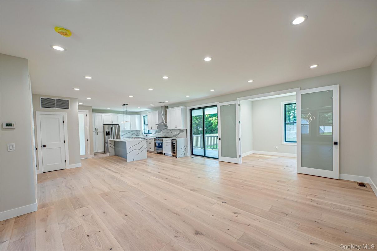 Empty room, Interior, Kitchen, Pendant Lights, Recessed Lighting, Wood Texture Flooring