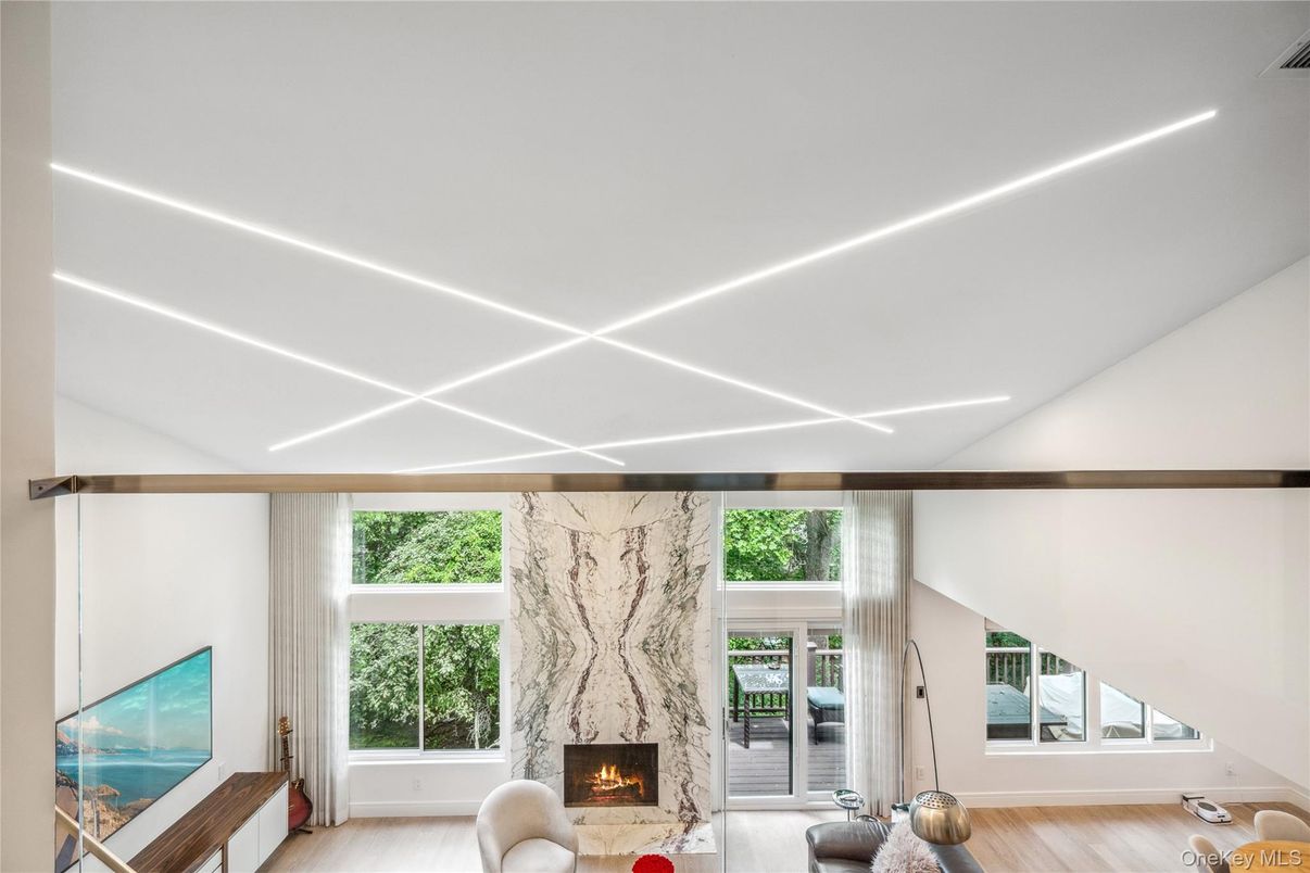 Fireplace, Interior, Recessed Lighting, Wood Texture Flooring