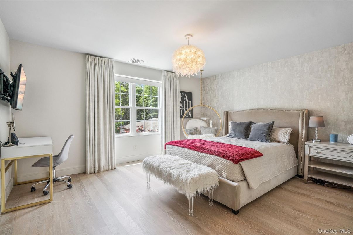 Bedroom, Chandelier, Home Office, Interior, Wood Texture Flooring
