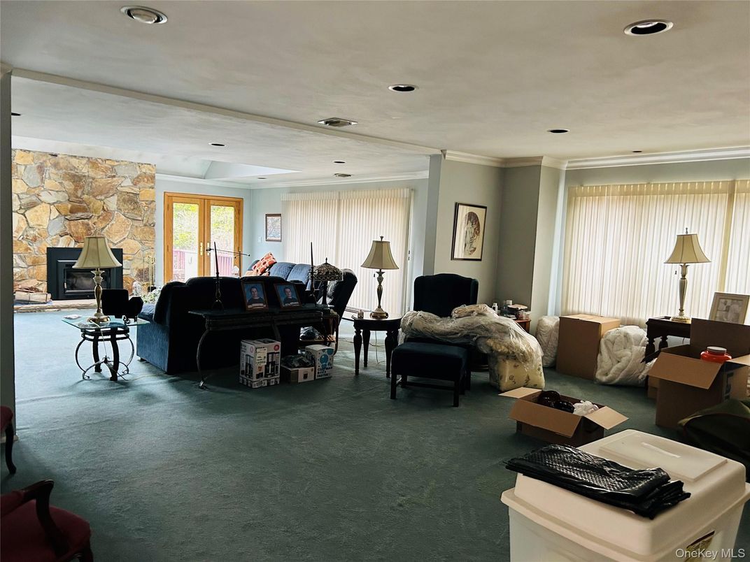 Fireplace, Interior, Living room, Recessed Lighting, Stone Walls