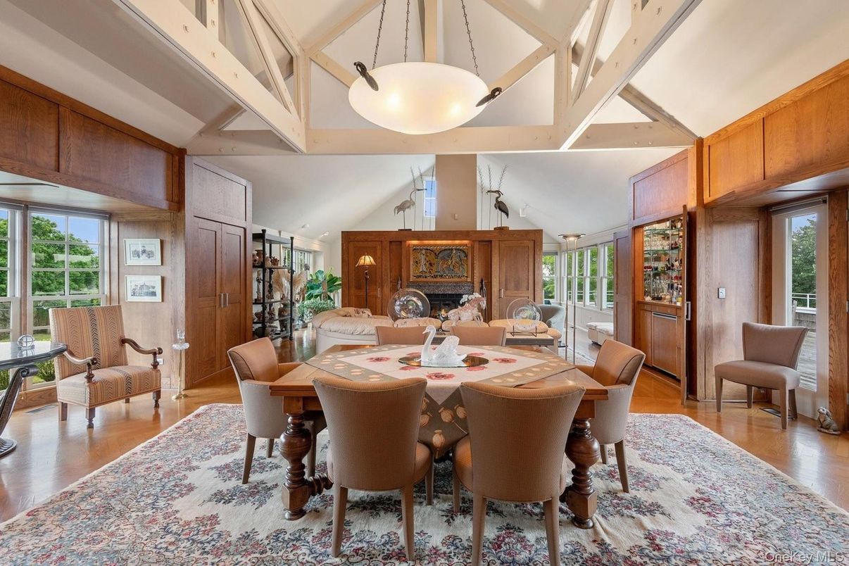 Dining room, Interior, Pendant Lights, Wood Texture Flooring