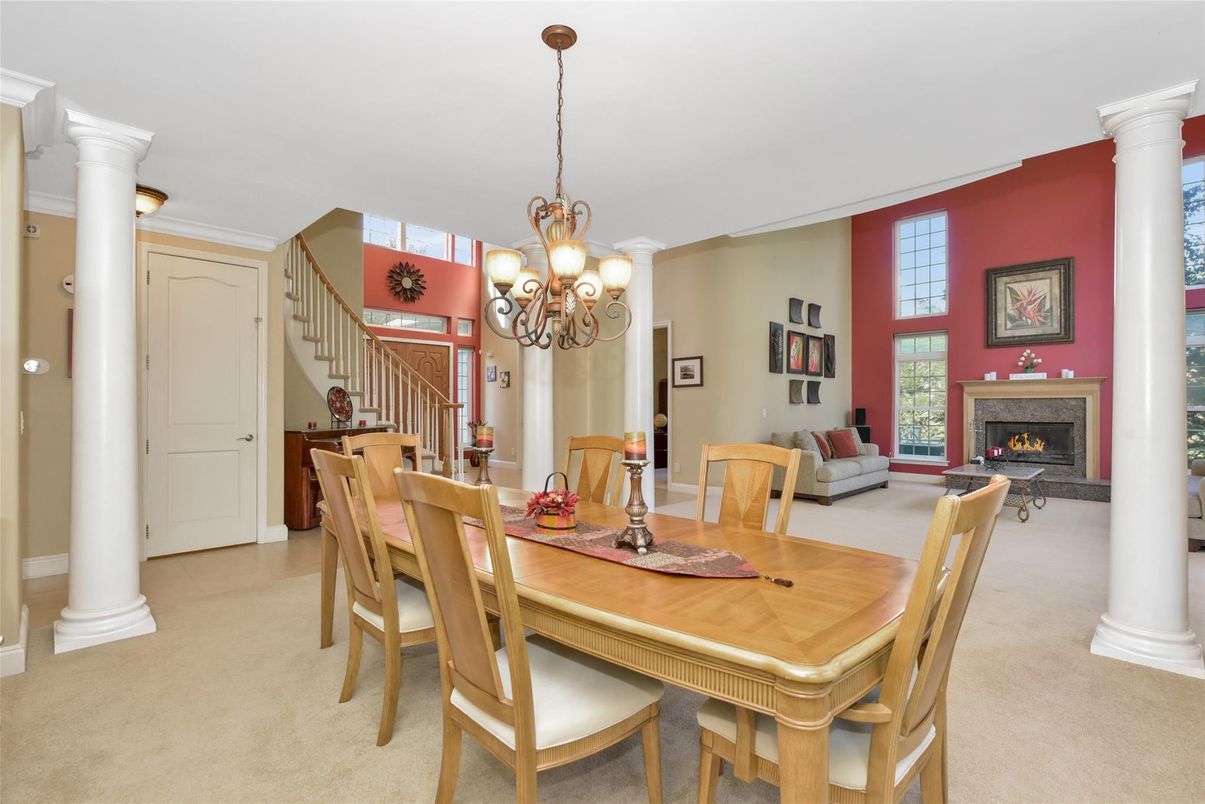Chandelier, Dining room, Fireplace, Interior