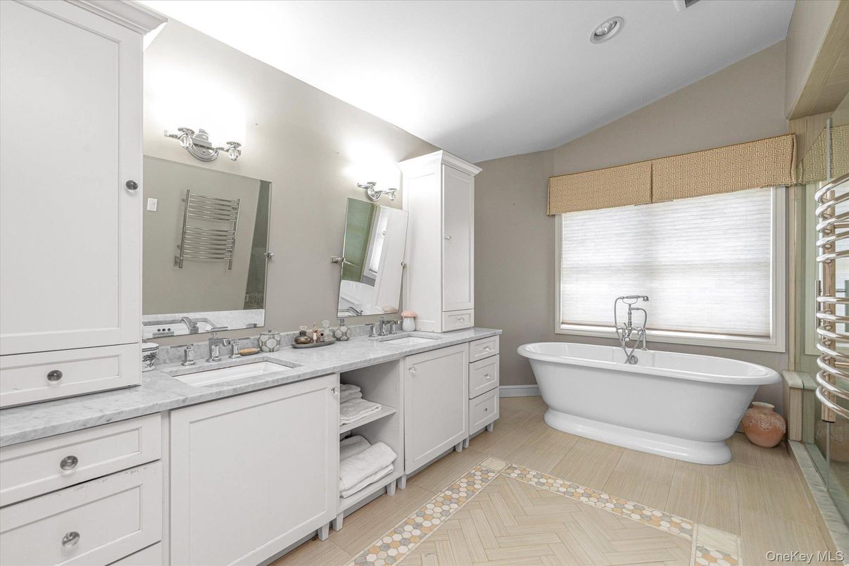 Bathroom, Dual Sink Vanities, Free Standing Baths, Interior, Recessed Lighting, Wood Texture Flooring