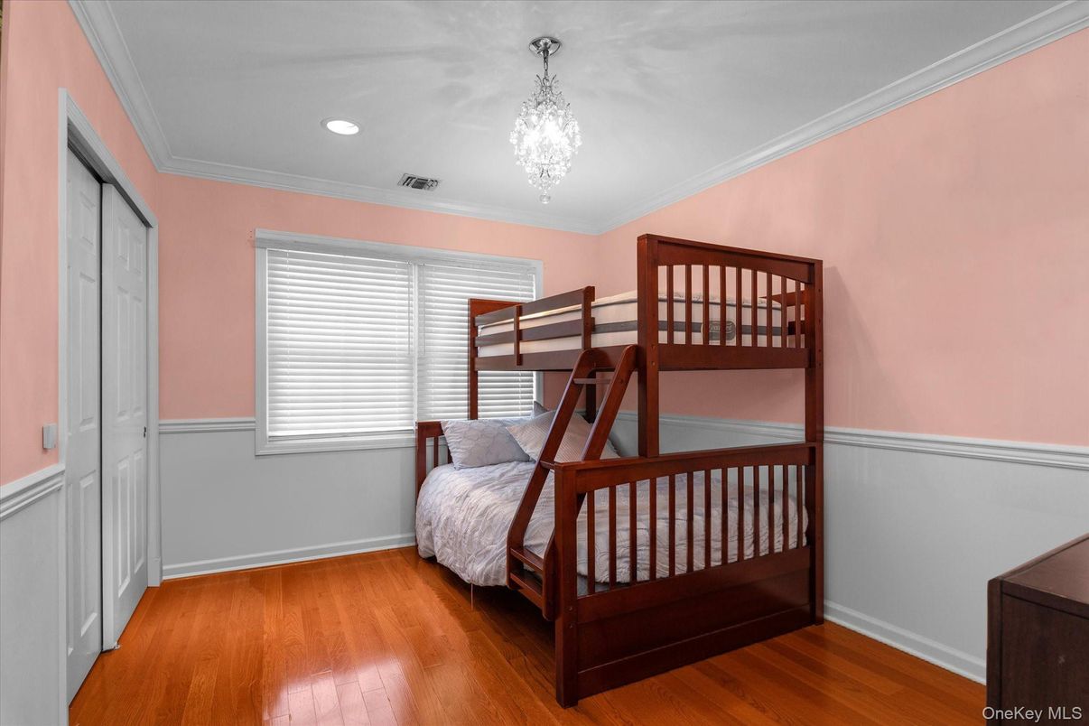 Bedroom, Chandelier, Interior, Recessed Lighting, Wood Texture Flooring