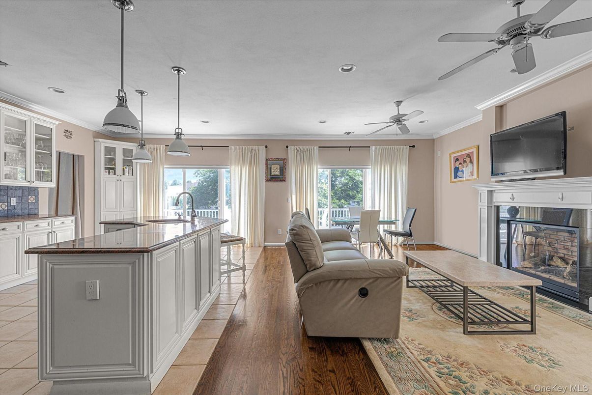 Dining room, Fireplace, Interior, Kitchen, Living room, Pendant Lights, Recessed Lighting