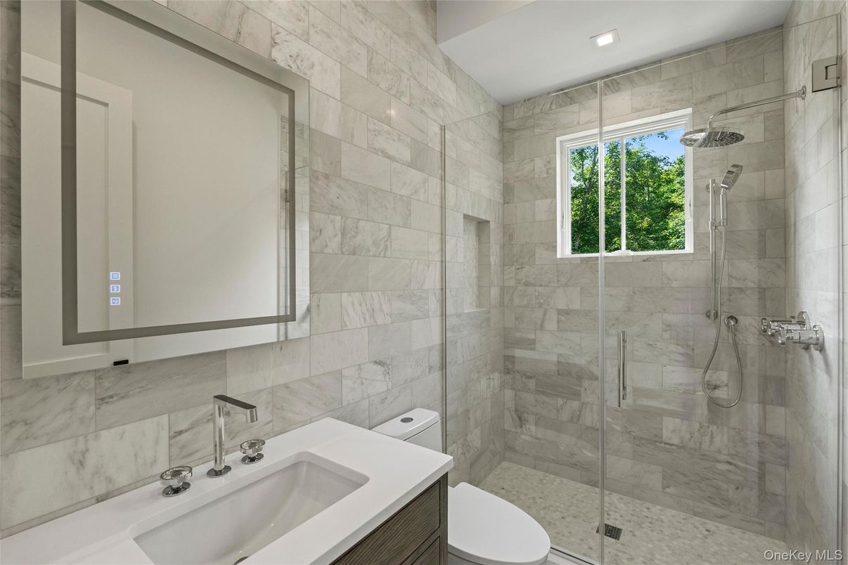 Bathroom, Glass Shower, Interior, Marble Walls, Recessed Lighting