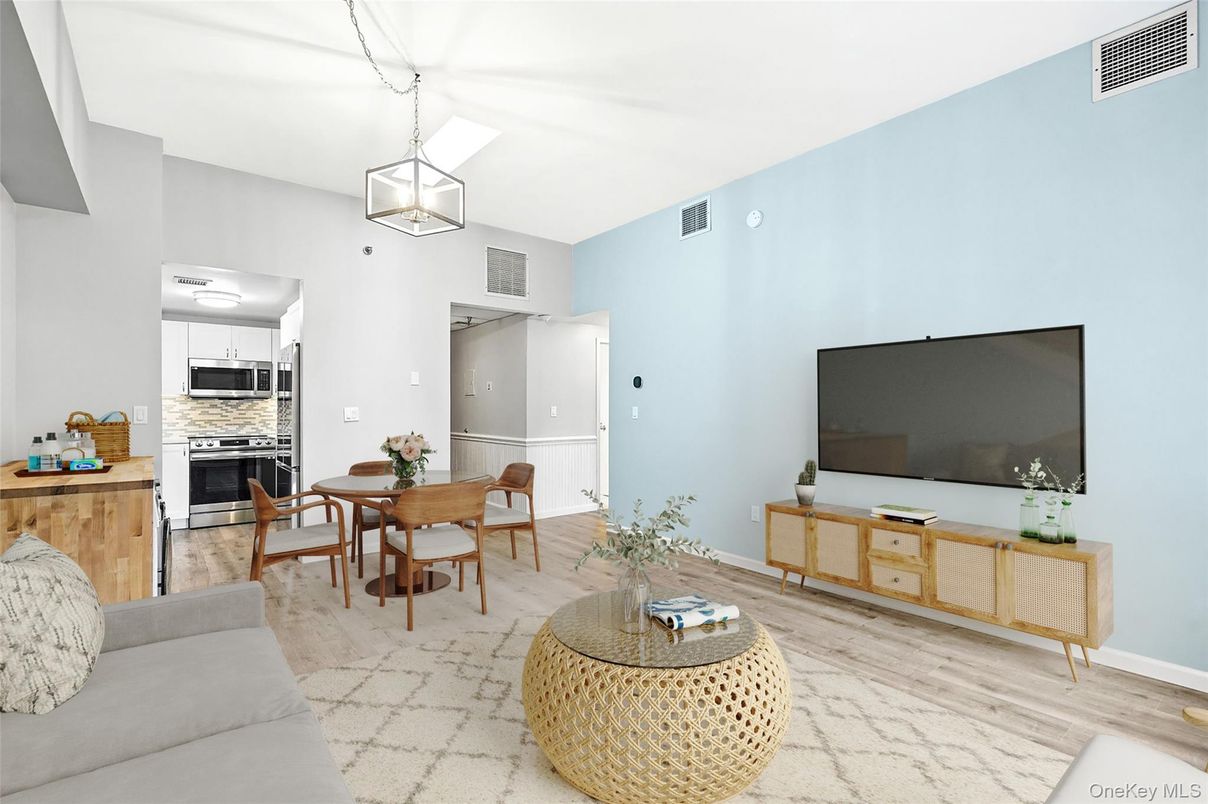 Dining room, Interior, Kitchen, Living room, Pendant Lights, Stainless Steel Appliances, Wood Texture Flooring