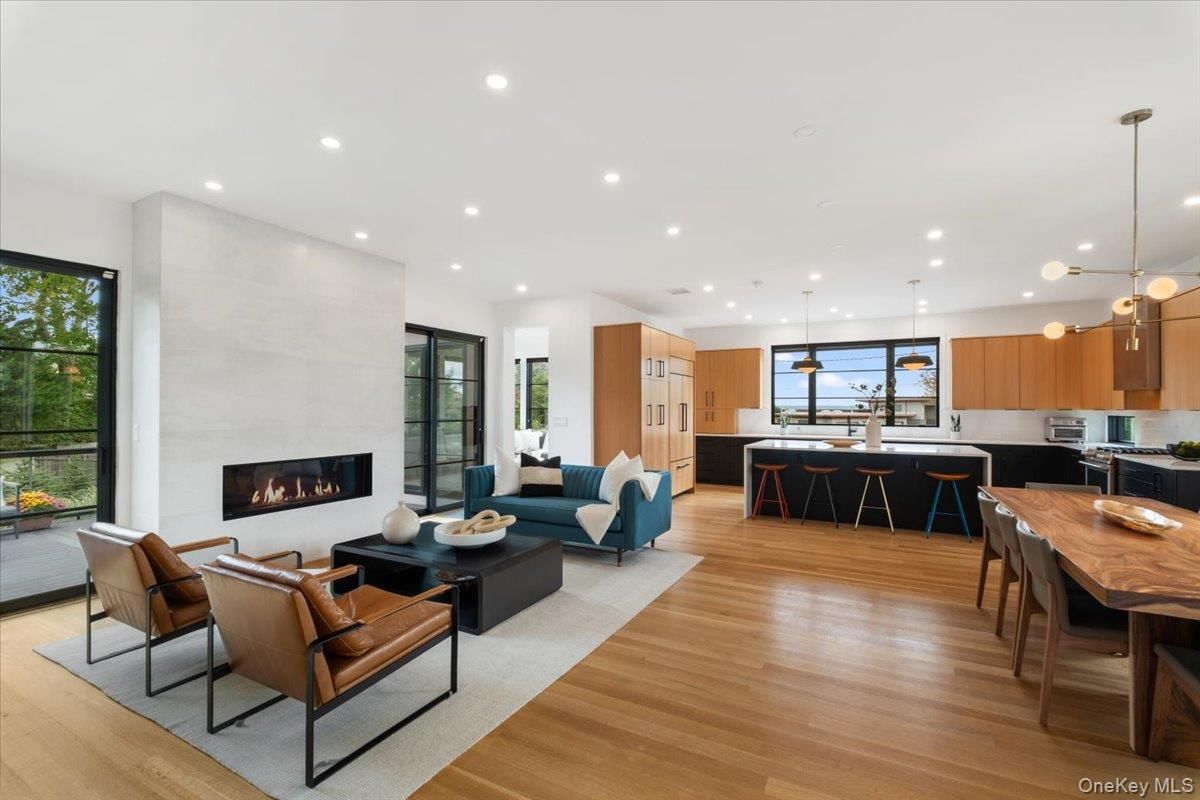 Dining room, Fireplace, Interior, Kitchen, Living room, Pendant Lights, Recessed Lighting, Wood Texture Flooring