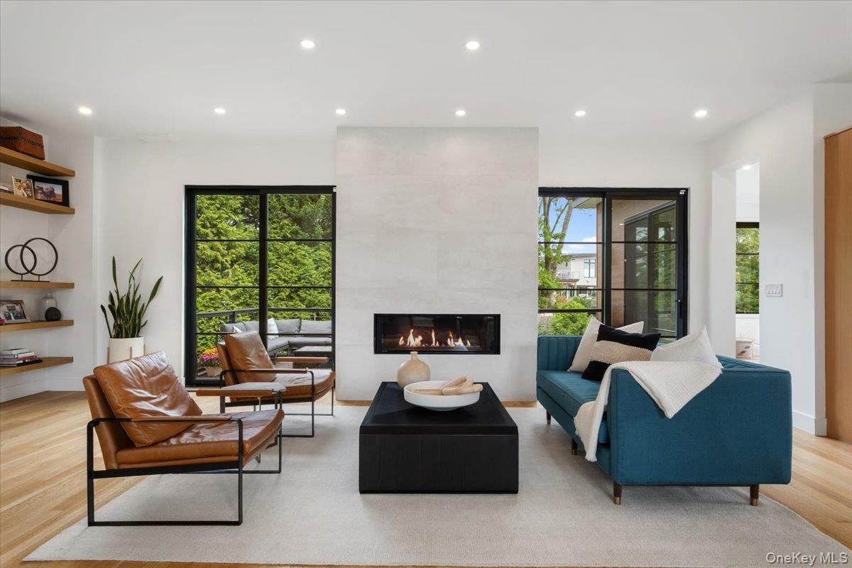 Fireplace, Interior, Living room, Recessed Lighting, Wood Texture Flooring