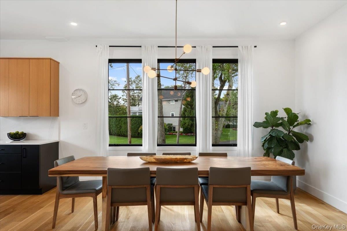 Dining room, Interior, Pendant Lights, Recessed Lighting, Wood Texture Flooring