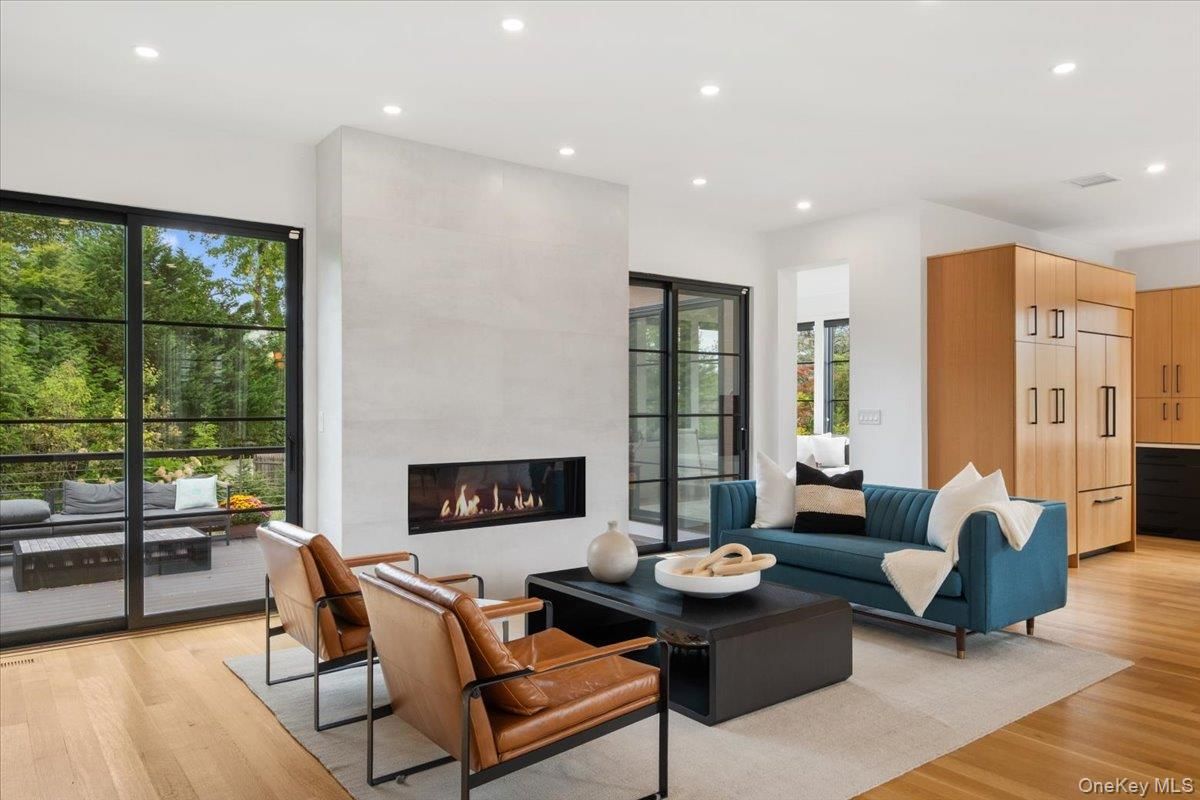 Fireplace, Interior, Living room, Recessed Lighting, Wood Texture Flooring