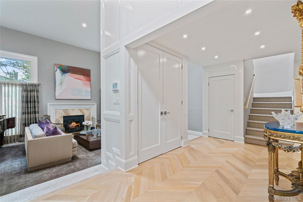 Fireplace, Interior, Living room, Recessed Lighting, Wood Texture Flooring