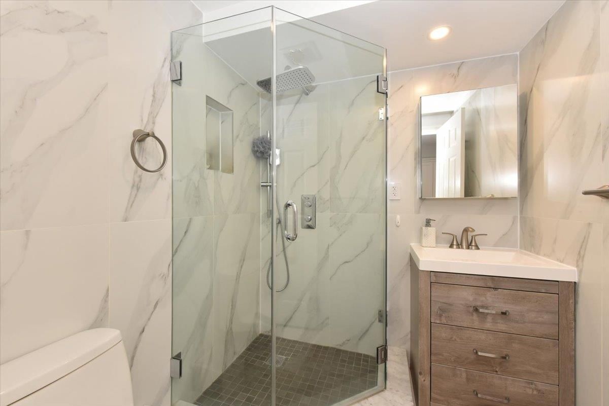 Bathroom, Glass Shower, Interior, Marble Walls, Recessed Lighting