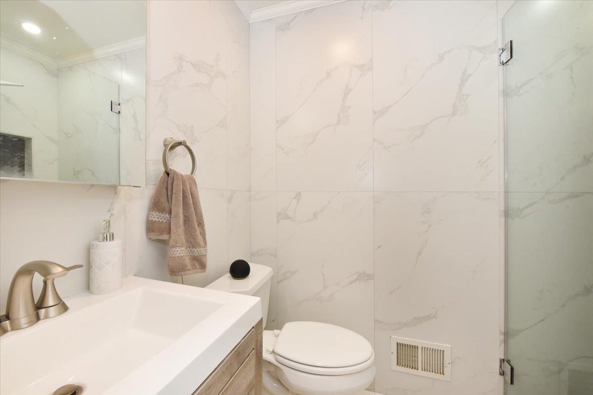 Bathroom, Glass Shower, Interior, Marble Walls, Recessed Lighting