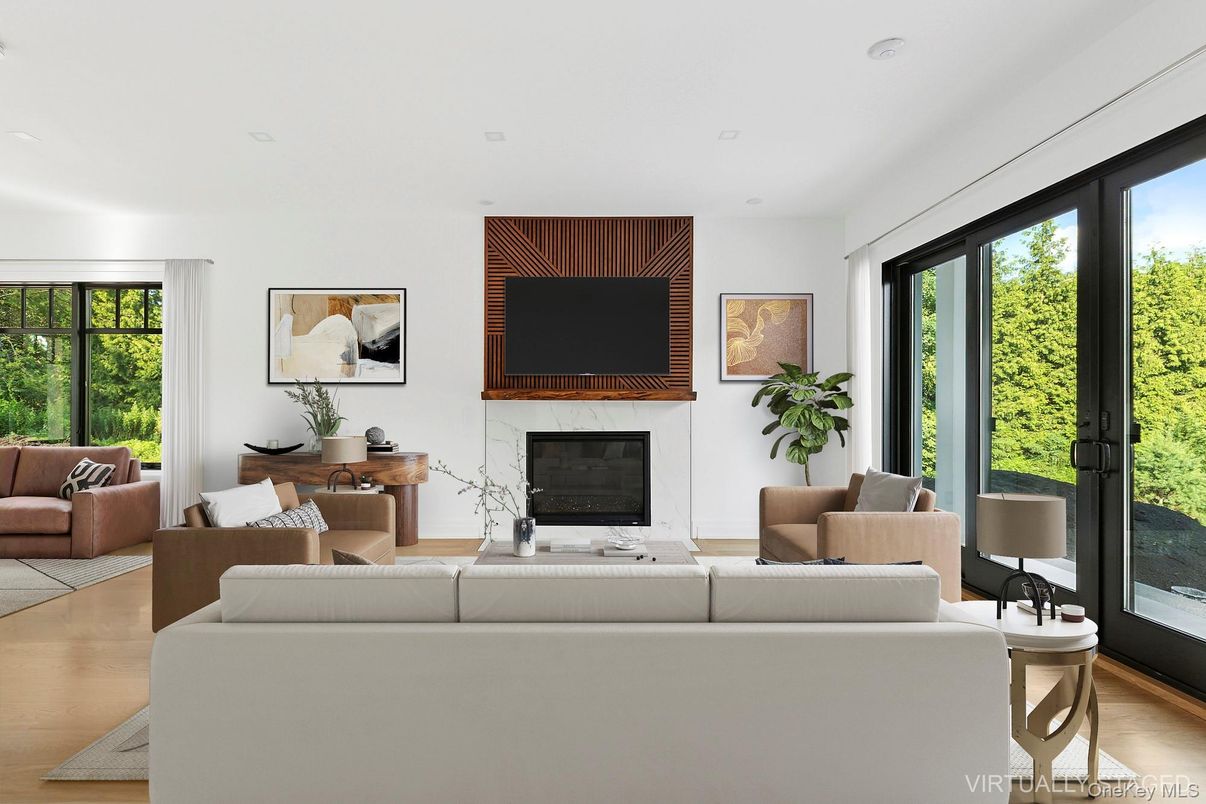 Fireplace, Interior, Living room, Recessed Lighting, Wood Texture Flooring