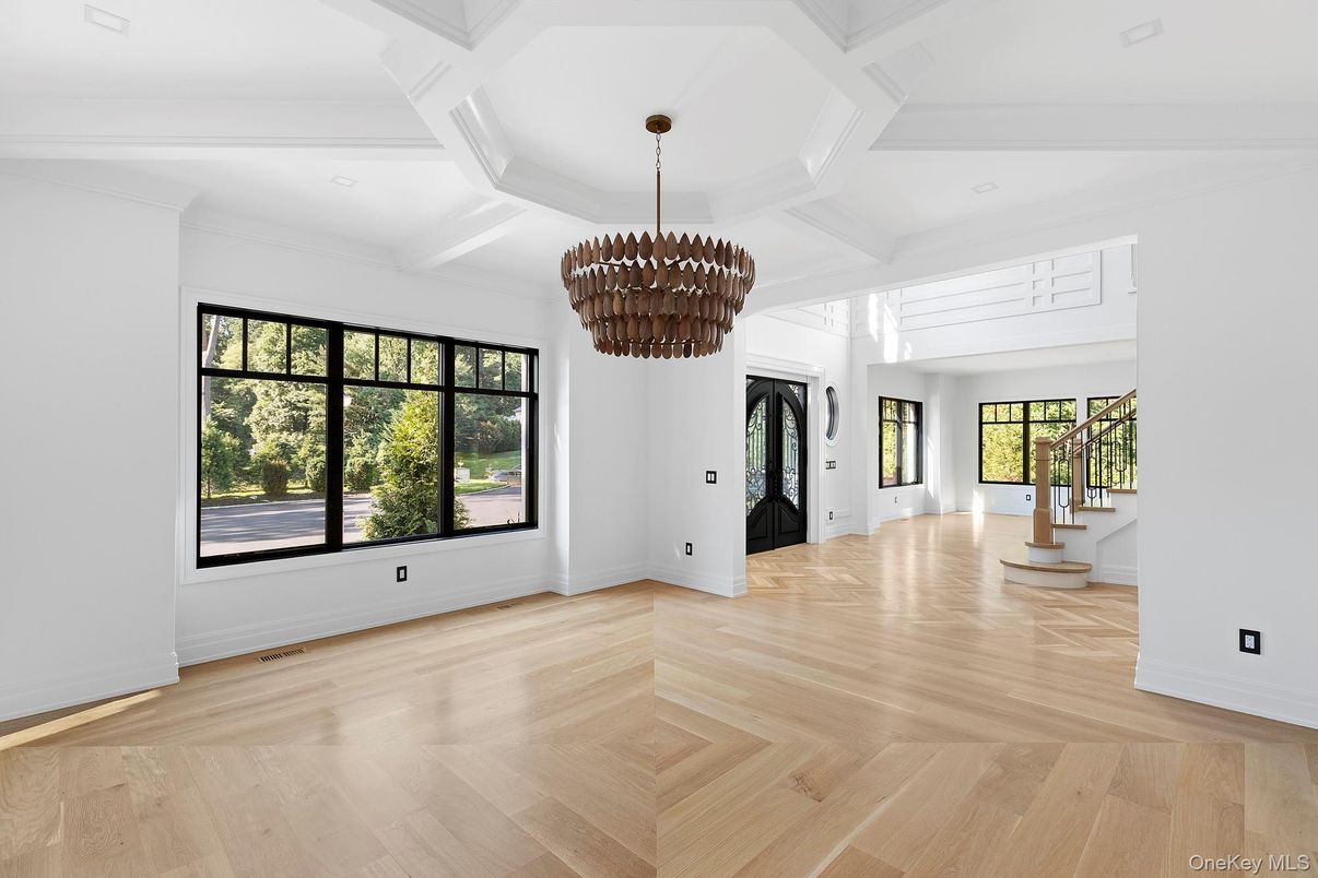 Chandelier, Empty room, Interior, Recessed Lighting, Wood Texture Flooring