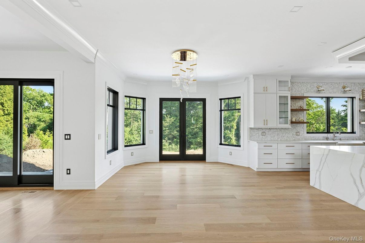 Empty room, Interior, Kitchen, Marble Walls, Recessed Lighting, Wood Texture Flooring