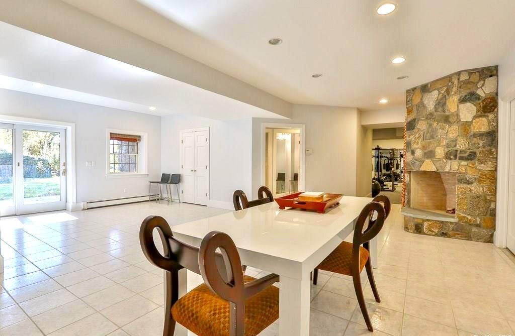 Dining room, Fireplace, Interior, Recessed Lighting, Stone Walls