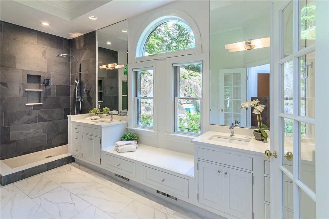 Bathroom, Dual Sink Vanities, Glass Shower, Interior, Marble, Recessed Lighting