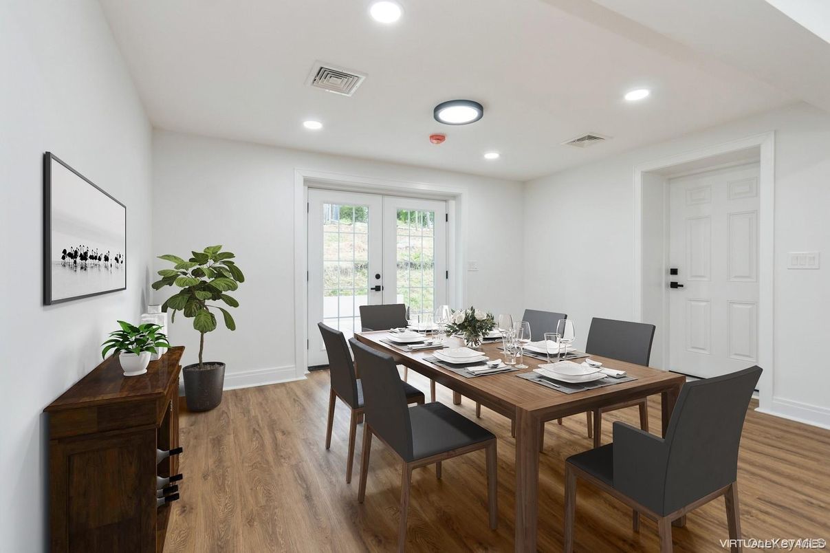 Dining room, Interior, Recessed Lighting, Wood Texture Flooring