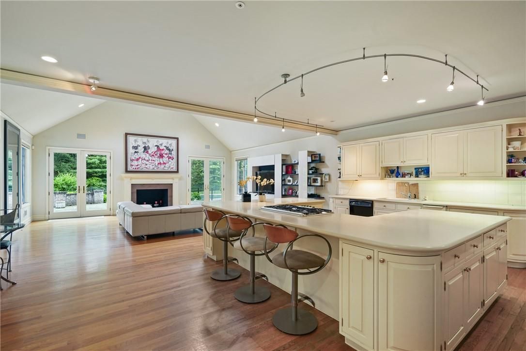 Fireplace, Interior, Kitchen, Living room, Recessed Lighting, Wood Texture Flooring