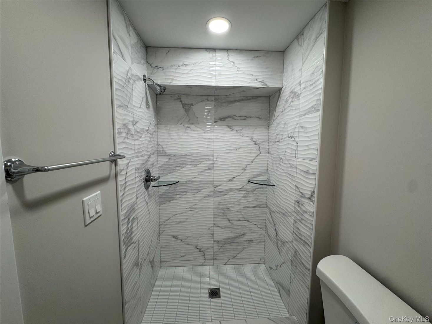 Bathroom, Glass Shower, Interior, Marble Walls, Recessed Lighting