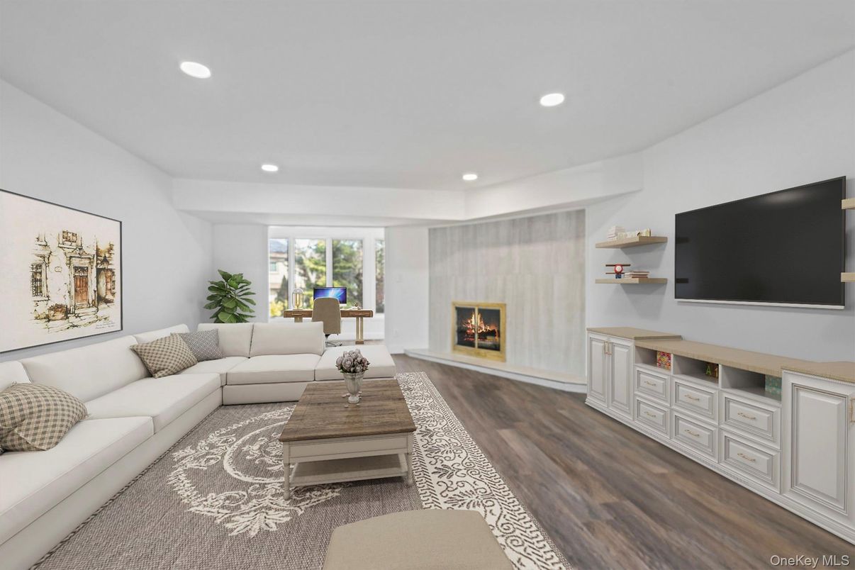 Fireplace, Interior, Living room, Recessed Lighting, Wood Texture Flooring