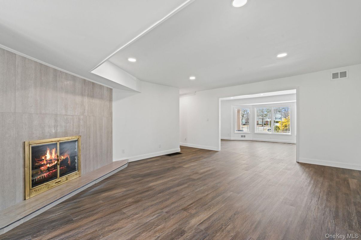 Empty room, Fireplace, Interior, Recessed Lighting, Wood Texture Flooring