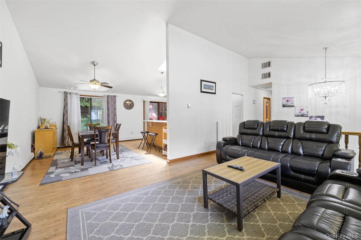 Dining room, Interior, Living room, Pendant Lights, Wood Texture Flooring