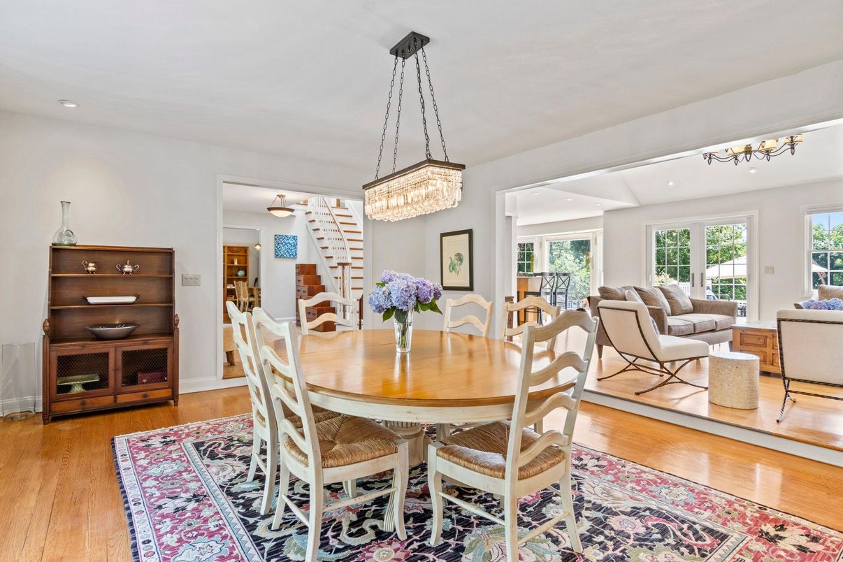 Chandelier, Dining room, Interior, Living room, Pendant Lights, Recessed Lighting, Wood Texture Flooring